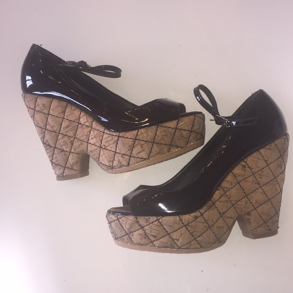 Chanel Black Patent Leather Cork Quilted Wedge